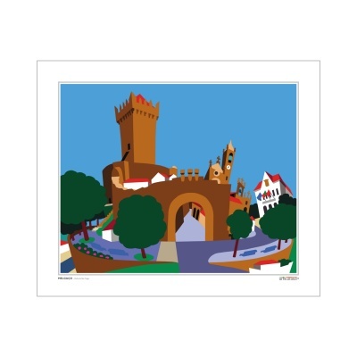 Gravura colorida estilizada de ponte, torres e casas