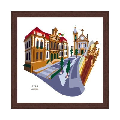 Imagem gráfica de edifícios históricos de Ovar com texto e moldura castanha