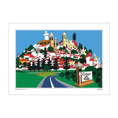 Ilustração gráfica colorida de uma vila chamada Cabeço da Vide com estrada e árvores