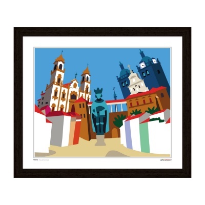 Quadro com ilustração de edifícios históricos e estátua central em cores vivas