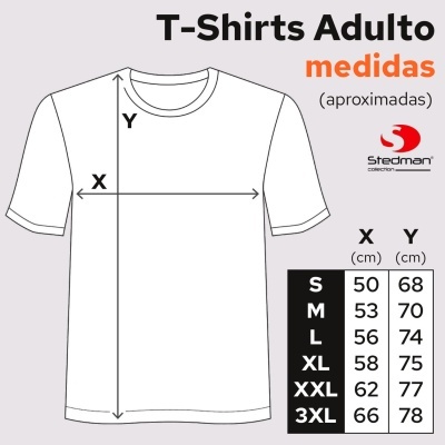 Ilustração de t-shirt branca com medidas em centímetros para vários tamanhos e texto explicativo