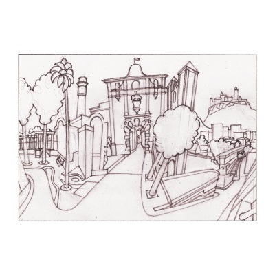 Desenho a lápis de um cenário urbano com edifício e árvores.