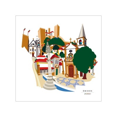 Ilustração artística de uma cidade com edifícios antigos e uma fonte