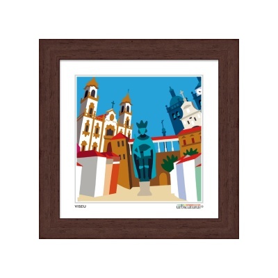 Imagem gráfica colorida emoldurada com estátua azul e edifícios históricos em Viseu
