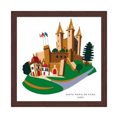 Ilustração colorida de castelo de Santa Maria da Feira em quadro com moldura castanha.