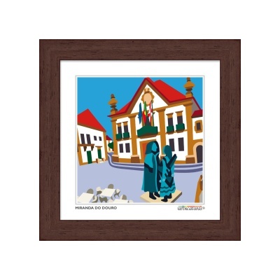 Quadro com ilustração de Miranda do Douro com edifícios e figuras em azul