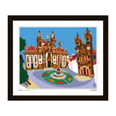 Quadro com ilustração de edifícios históricos e fonte num espaço urbano