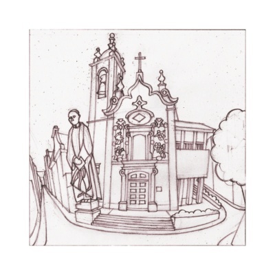 Desenho em linha de igreja com torre, cruz e estátua, em estilo esboço