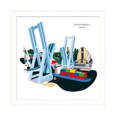 Ilustração do porto de Matosinhos com guindastes e navio cargueiro