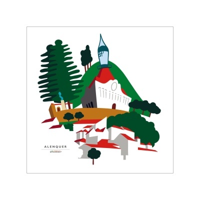 Ilustração colorida de paisagem com igrejas, casas e árvores em Alenquer