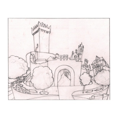 Desenho a lápis de cenário medieval com torre, ponte, casas e árvores