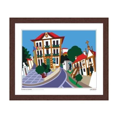 Quadro ilustrativo colorido de rua com edifícios, árvores e estrada curva em moldura castanha