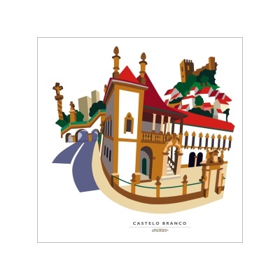 Ilustração colorida de edifício histórico com torres e telhados vermelhos