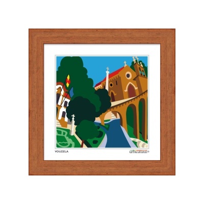 Quadro de madeira com ilustração colorida da Igreja e Ponte Românica em Vouzela