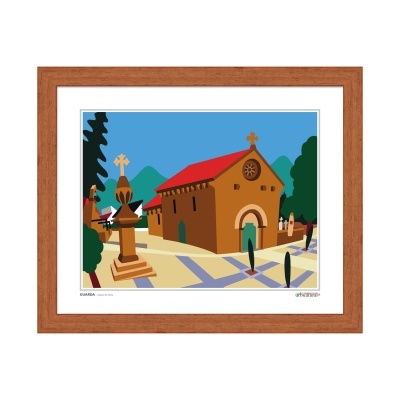 Ilustração de igreja com moldura em madeira castanha clara