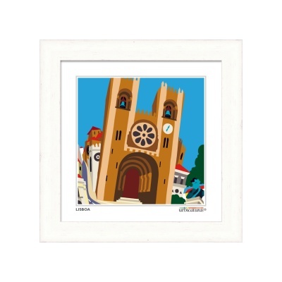 Quadro branco com ilustração de catedral em Lisboa e texto urbanoaurios