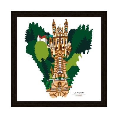 Quadro com ilustração colorida do Santuário de Nossa Senhora dos Remédios em Lamego e texto LAMEGO artebox2023