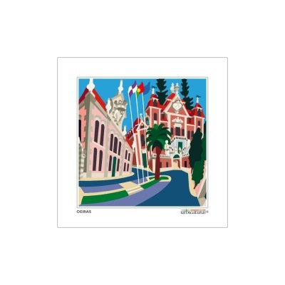 Imagem gráfica colorida de edifícios antigos e palmeira em OEIRAS