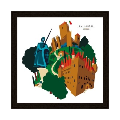 Ilustração colorida de castelo e cavaleiro de Guimarães em moldura preta