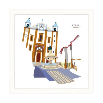 Ilustração digital de edifício histórico e fonte na cidade de Évora com texto 'EVORA' no fundo branco.