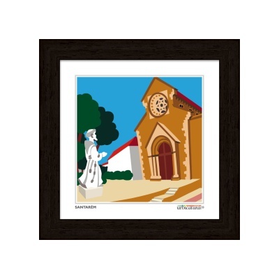 Ilustração digital emoldurada de estátua branca e igreja amarela com relógio