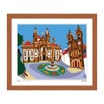 Quadro com desenho gráfico de edifícios clássicos e fonte num jardim circular