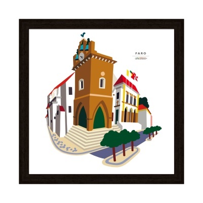 Ilustração da Torre do Relógio em Faro com árvores verdes, texto FARO CITÉ HISTORIQUE