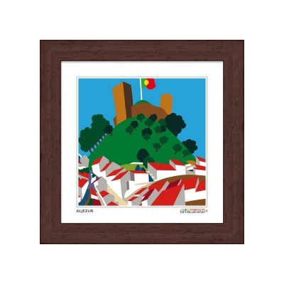 Ilustração colorida do Castelo de Aljezur com moldura em madeira escura