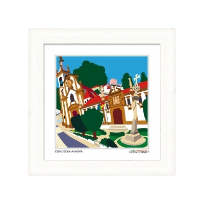 Ilustração colorida de igreja e cruzeiro em molde branco com texto CONDEIXA-A-NOVA e urbescultura