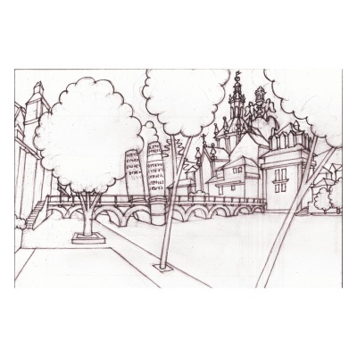 Desenho a lápis de uma paisagem urbana com árvores, caminho, ponte e edifícios históricos.