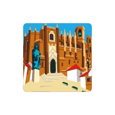 Ilustração de edifício histórico com estátua azul e céu azul