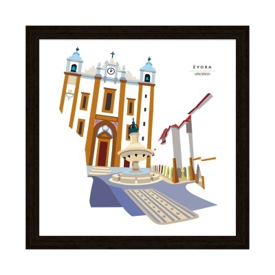 Ilustração do centro histórico de Évora com edifícios e fonte, quadro com moldura preta