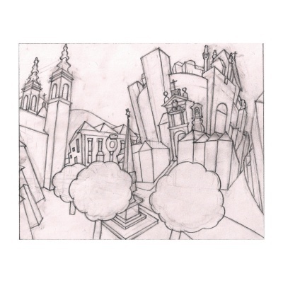 Desenho a lápis de paisagem urbana com edifícios e árvores