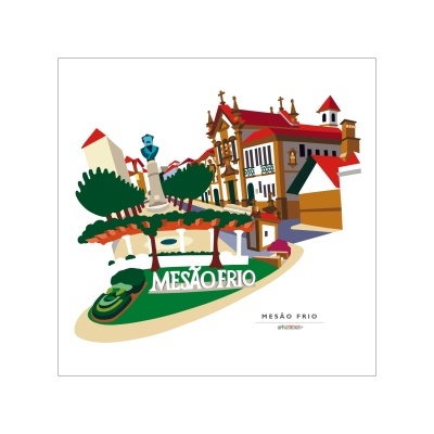 Ilustração urbana colorida com estátua e texto MESÃO FRIO