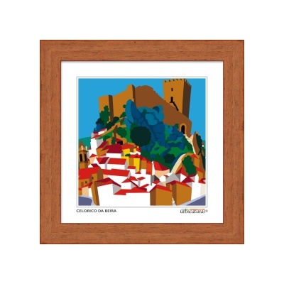 Imagem estilizada colorida da vila de Celorico da Beira com castelo e casas