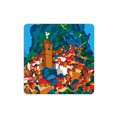 Ilustração de aldeia com telhados vermelhos e torre marrom diante de colinas verdes e azuis