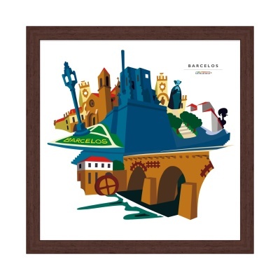 Ilustração colorida de monumentos e edifícios de Barcelos numa moldura castanha