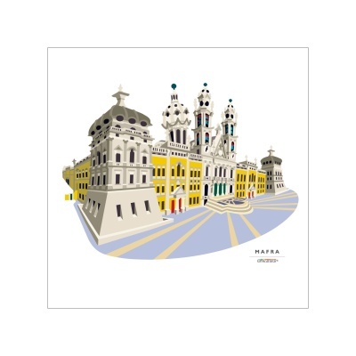 Ilustração de edifícios históricos amarelos e cinzentos numa praça