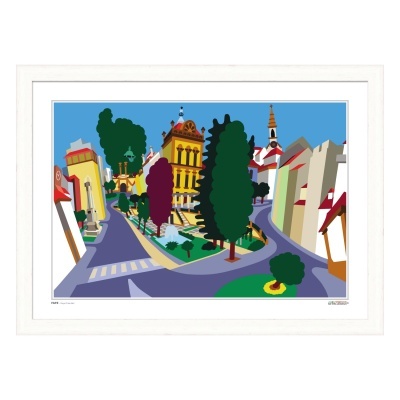 Gravura colorida de rua e edifícios em moldura branca