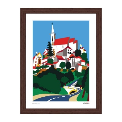 gráfico colorido de vila com casas vermelhas e estrada curva em moldura de madeira