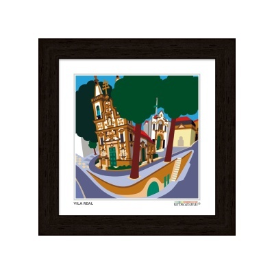 Quadro com ilustração digital de edifício histórico em Vila Real com árvores e ruas.