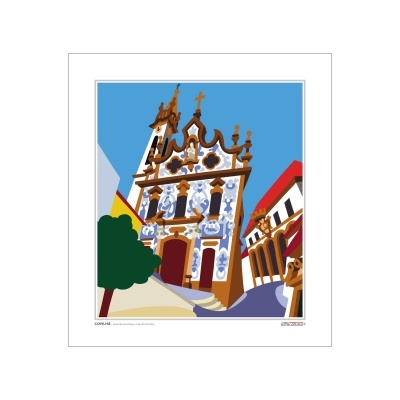 Ilustração vetorial de uma igreja com decoração azul e branca numa rua inclinada