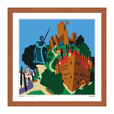 Quadro com imagem colorida de castelos, estátua e capela entre árvores verdes