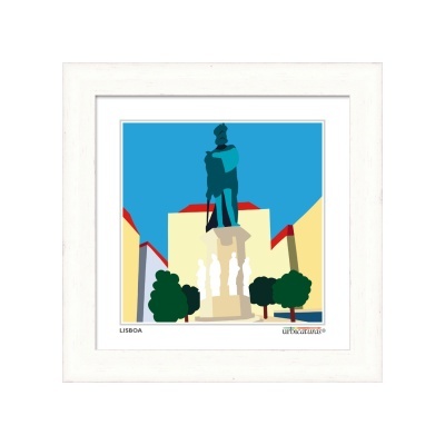 Imagem digital estilizada de estátua em praça de Lisboa com edifícios e árvores