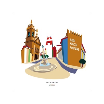 Ilustração de praça em Guimarães com fonte e edifício com texto 'AQUI NASCEU PORTUGAL'