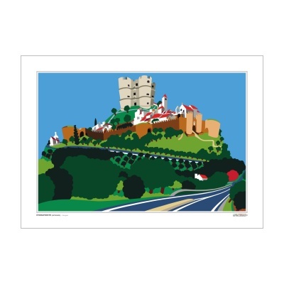 Ilustração digital de castelo numa colina verde com estrada ao fundo