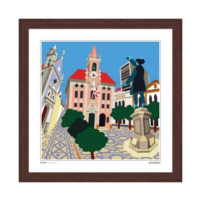 Ilustração de praça com estátua, árvores, calçada de mosaico e edifícios incluindo teatro