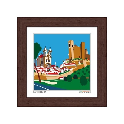 Quadro com imagem de Campo Maior mostrando igreja, castelo e casas brancas com telhados vermelhos
