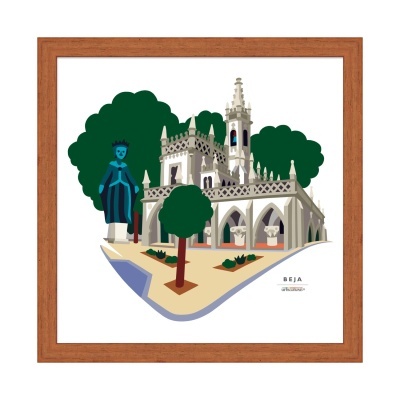 Ilustração digital da igreja e estátua de Beja com moldura de madeira castanha
