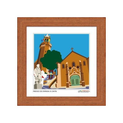 Quadro com ilustração digital de edifícios e estátua em Freixo de Espada à Cinta
